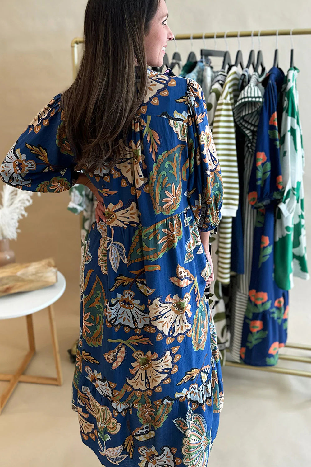 Blue Floral Paisley Print Shirt Collar 3/4 Sleeve Midi Dress