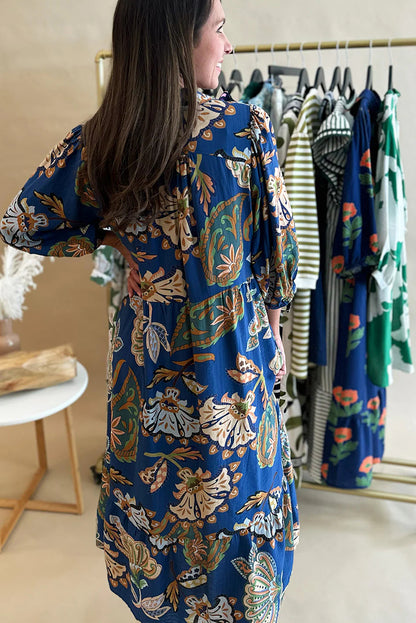 Blue Floral Paisley Print Shirt Collar 3/4 Sleeve Midi Dress