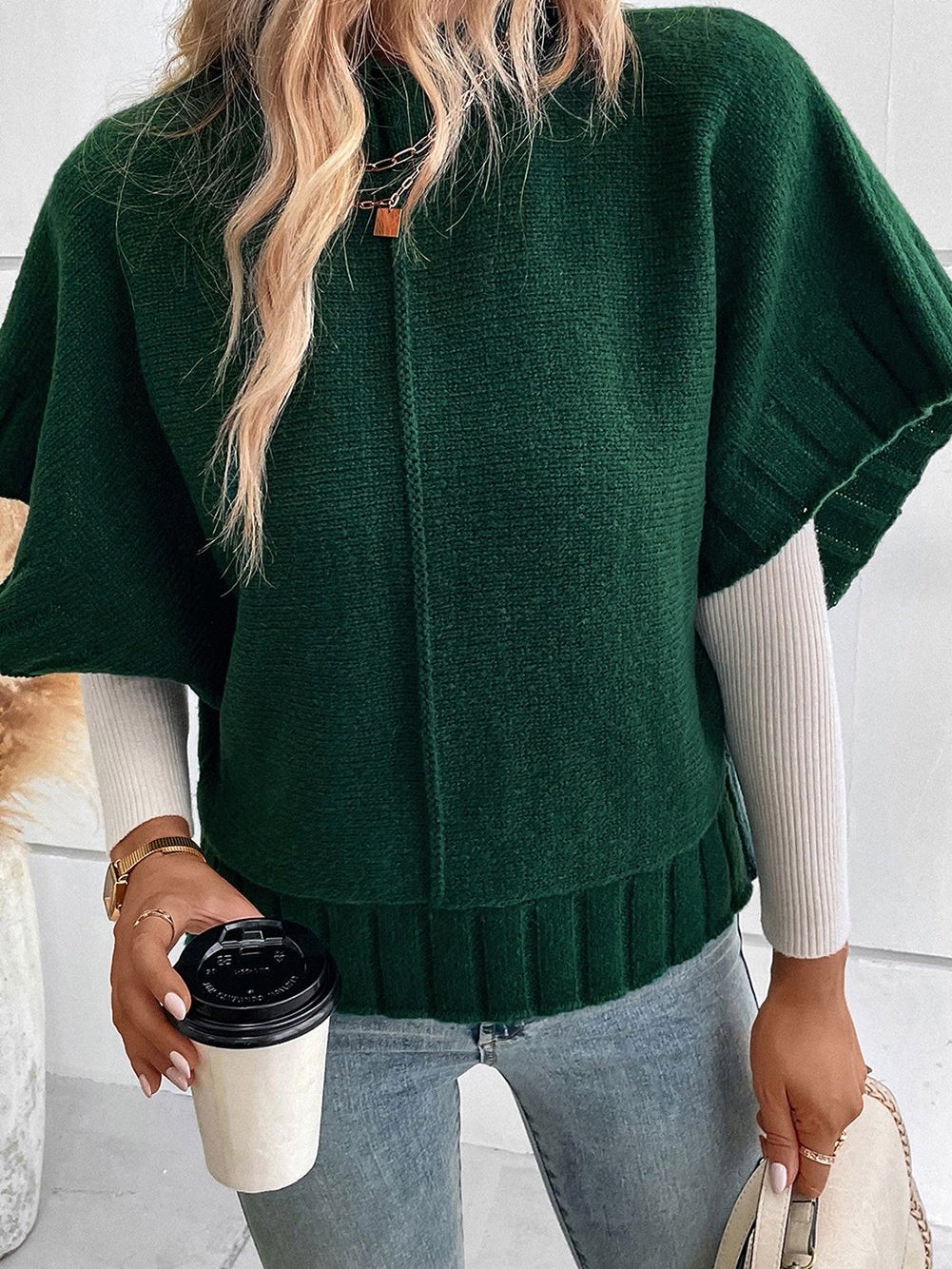 Elegant Blackish Green Batwing Knit Sweater with Mock Neck