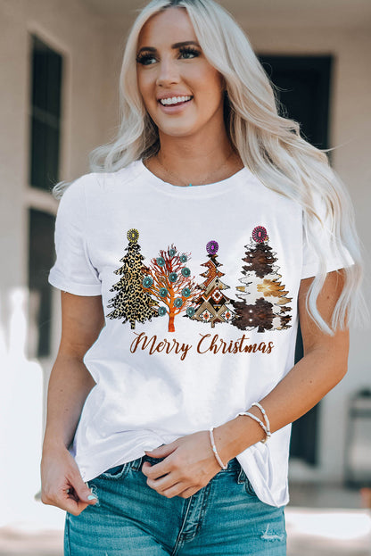 Festive White Western Tree Print Graphic T-shirt