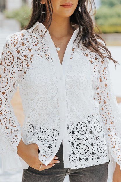 Elegant White Crochet Lace Button-Up Shirt with Turn-down Collar