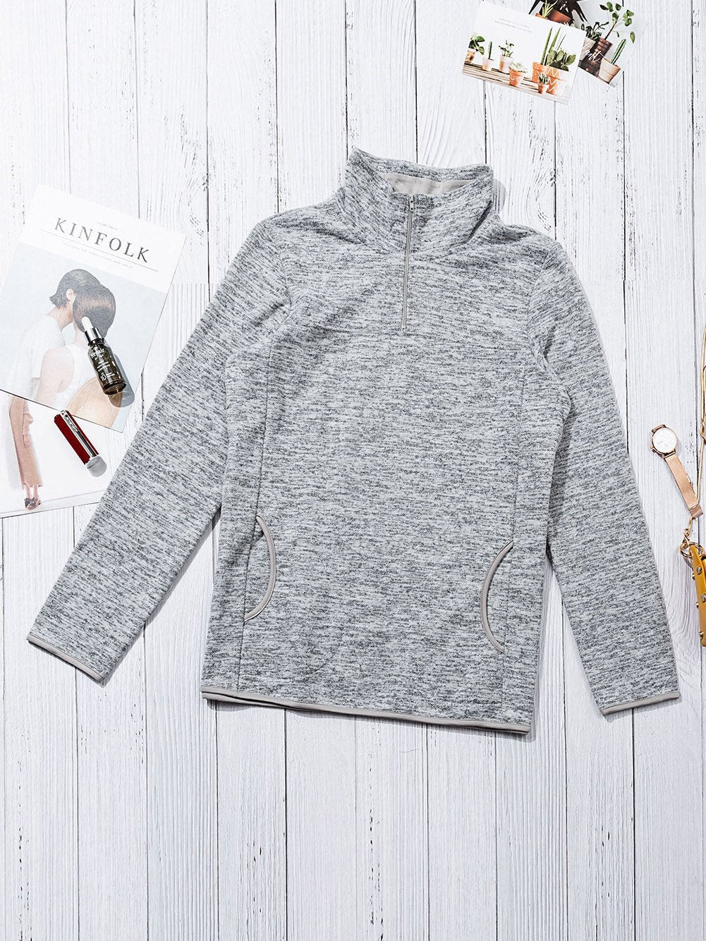 Heathered Gray Zip-Up Pullover with Kangaroo Pocket