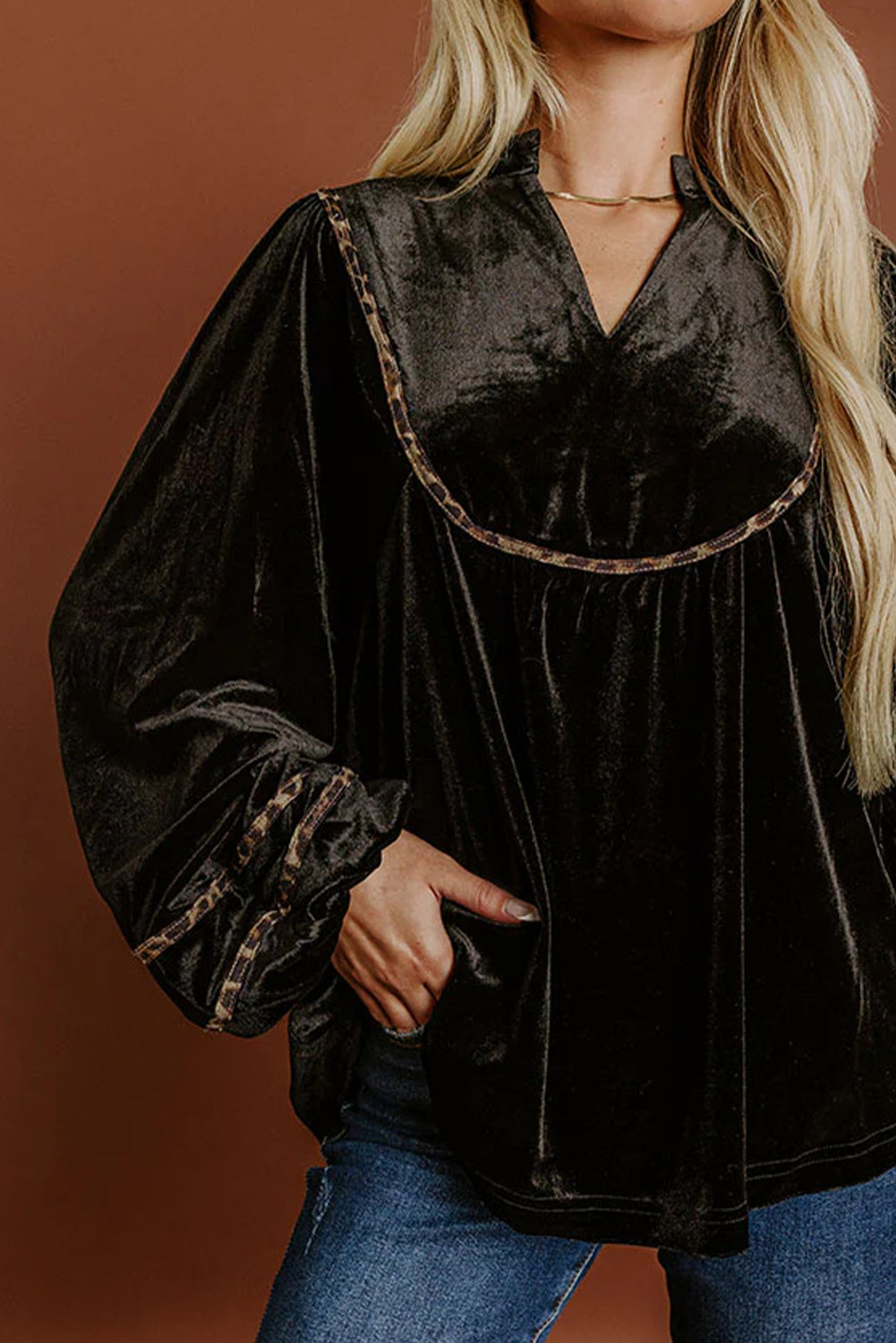 Black Velvet Notched Neck Leopard Trim Long Puff Sleeve Top
