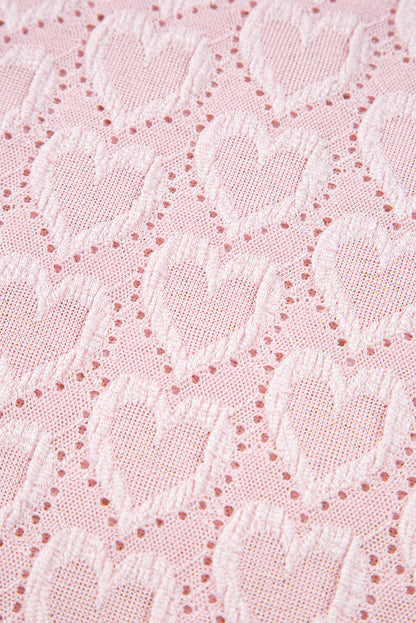 Gossamer Pink Heart Jacquard Flare Sleeve Mock Neck Fitted Top