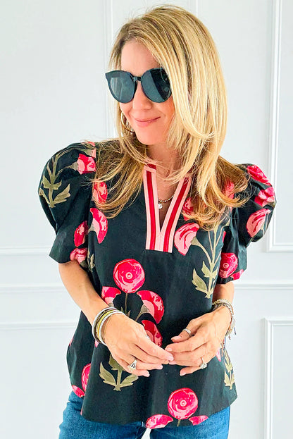 Black Floral Print Short Puff Sleeve Contrasted Striped V Neck Blouse