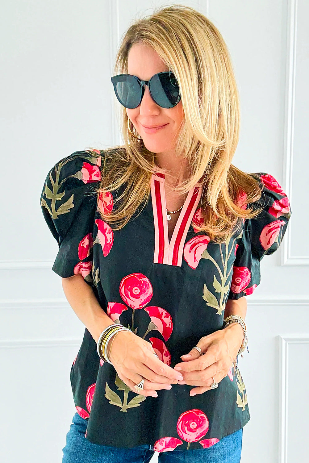 Black Floral Print Short Puff Sleeve Contrasted Striped V Neck Blouse