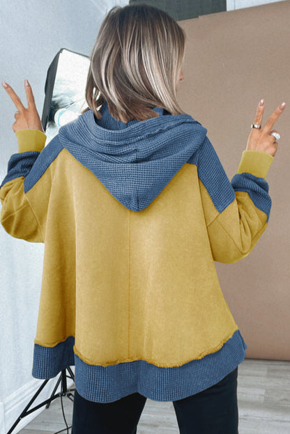 Banana Cream Waffle Contrast Patchwork Plus Size Pocketed Hoodie
