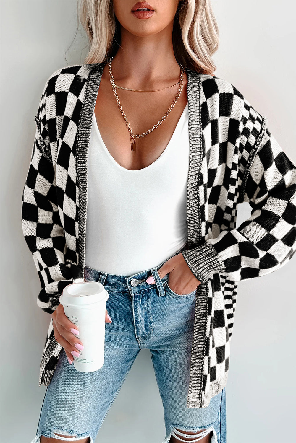 black checkered cardigan