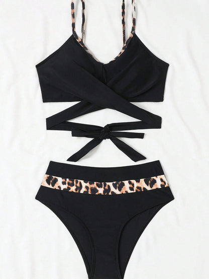 Black Leopard Print High Waisted Bikini with Criss Cross Tie Detail
