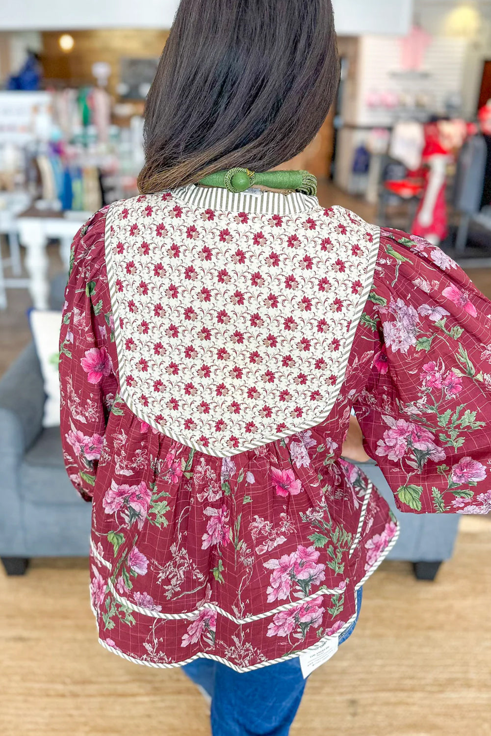 Red Floral Print Contrast Yoke Patchwork Striped Trim Long Puff Sleeve Blouse