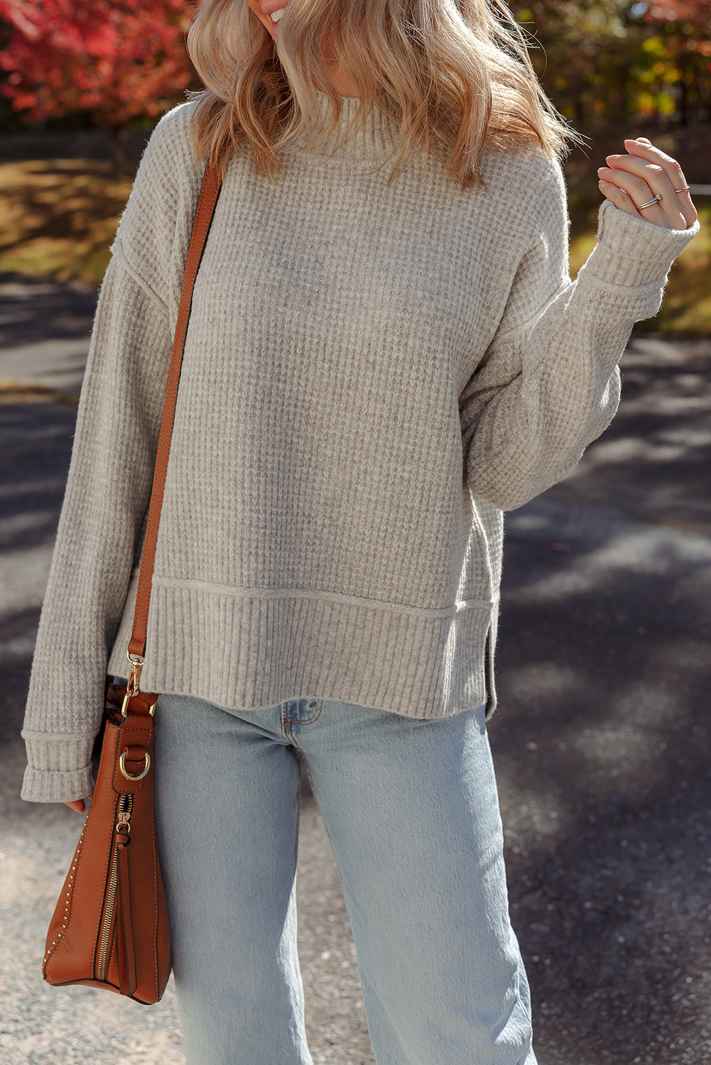 Gray Morn Waffle Texture Knit Ribbed High Neck Drop Shoulder Sweater
