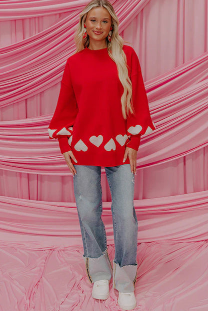 Fiery Red Contrast Heart Pattern Lantern Sleeve Tunic Sweater