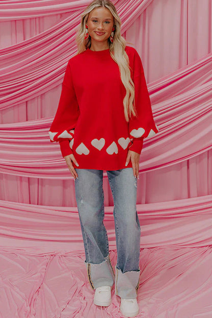 Fiery Red Contrast Heart Pattern Lantern Sleeve Tunic Sweater