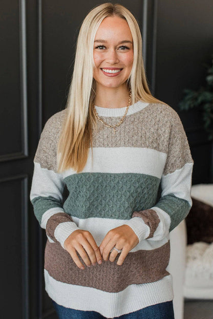 Green Mixed Texture Knit Striped Color Block Loose Sweater