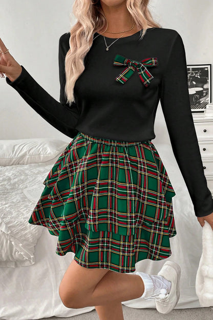 Green Long Sleeve Tee Plaid Bow Decor Ruffle Mini Skirt 2pcs Set