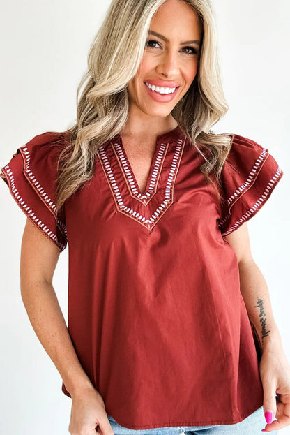 Clay Contrast Trim Flutter Sleeve V Neck Blouse