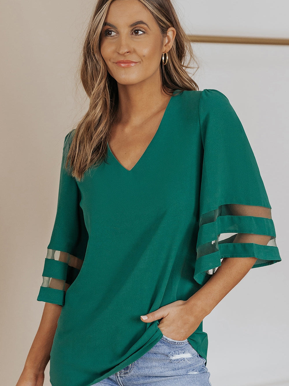Green Sheer Flare Sleeve V Neck Casual Blouse
