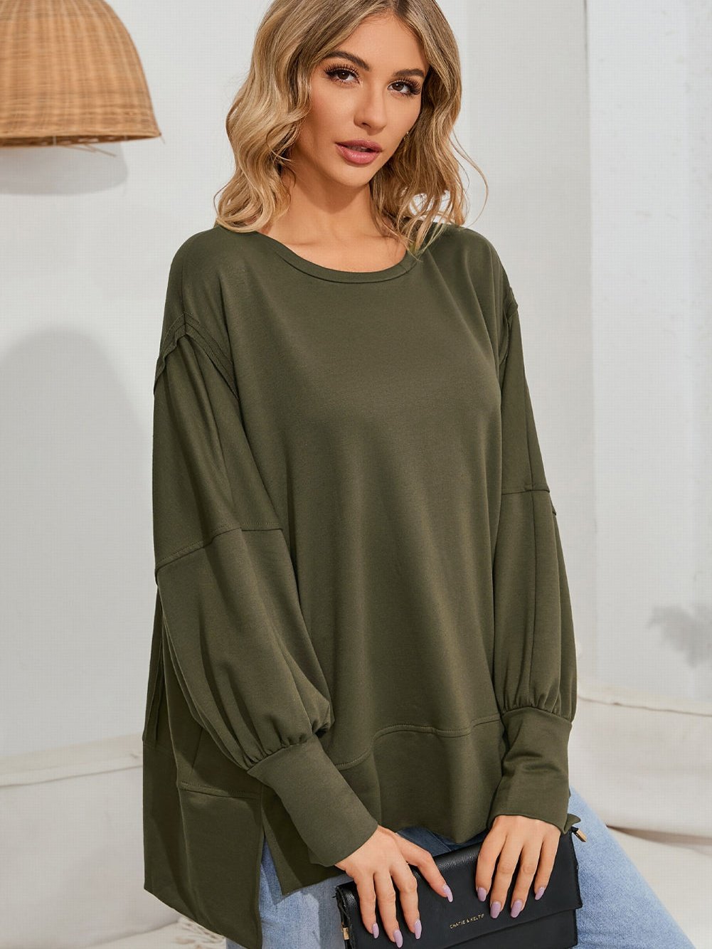 Green Patchwork Oversized Drop Shoulder Top