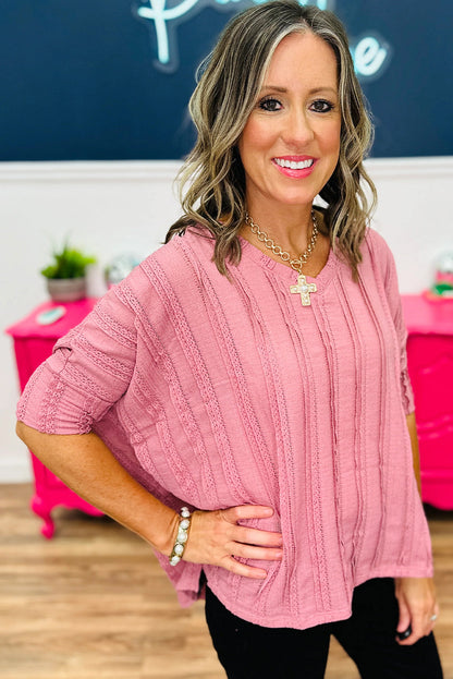 Peach Blossom Lacy Striped Texture 3/4 Sleeve Dolman Blouse