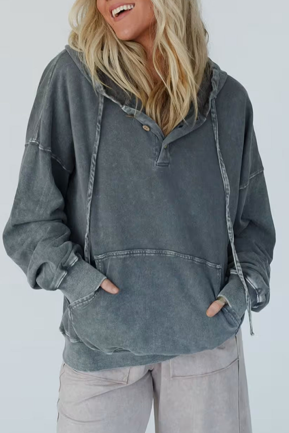 Dark Grey Mineral Wash Button Drawstring Neck Hooded Sweatshirt