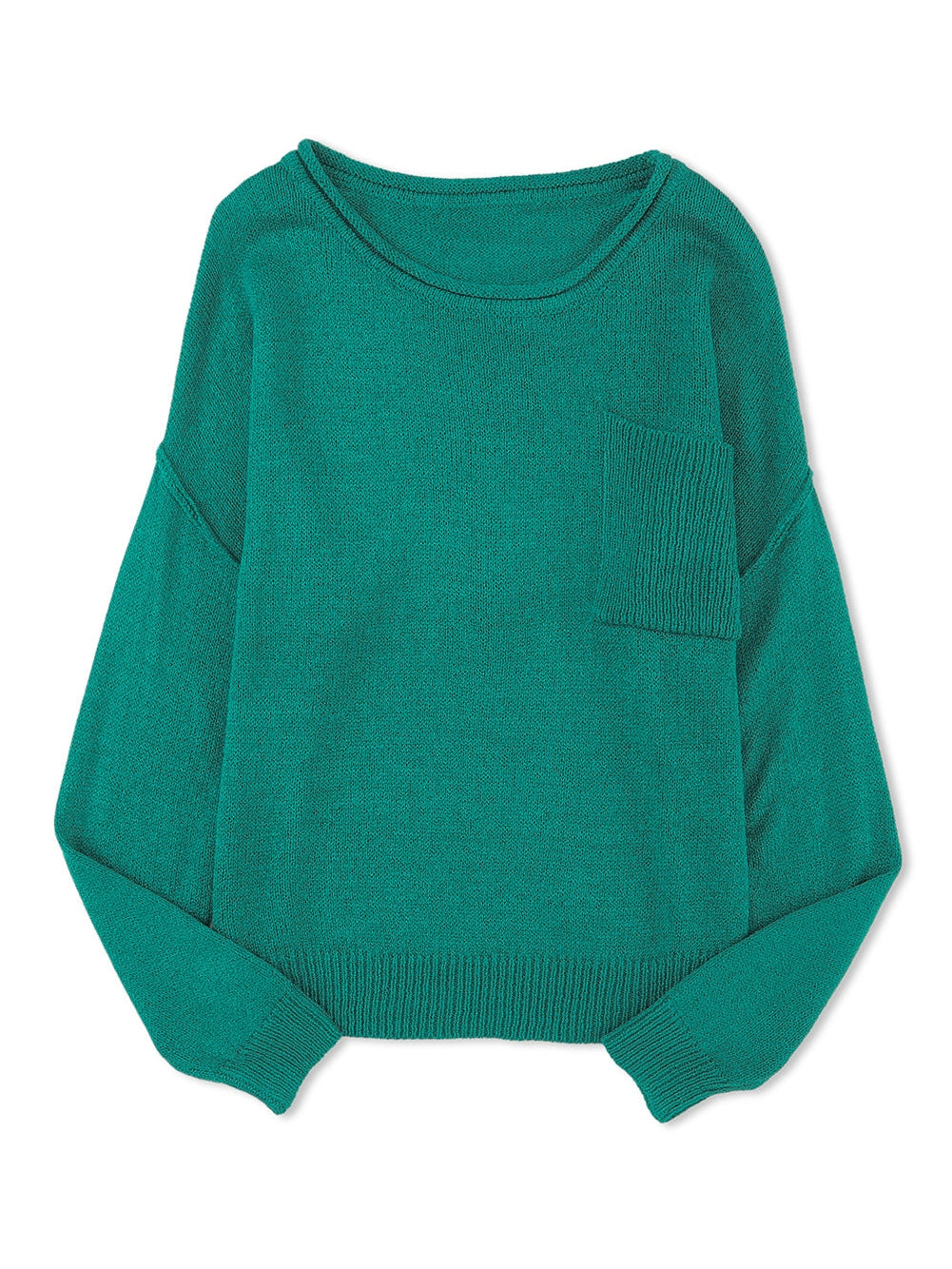 Green Rib Knit Off Shoulder Sweater with Chest Pocket