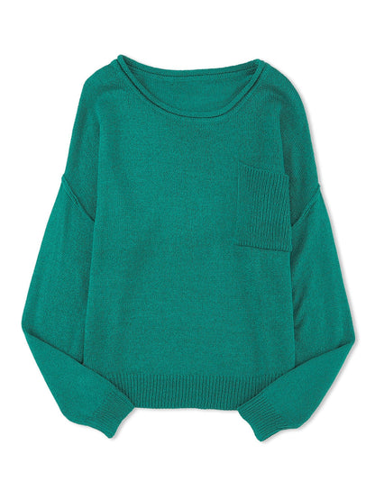 Green Rib Knit Off Shoulder Sweater with Chest Pocket