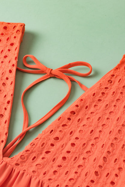 Elegant Eyelet Babydoll Dress with Carrot Contrast Bodice