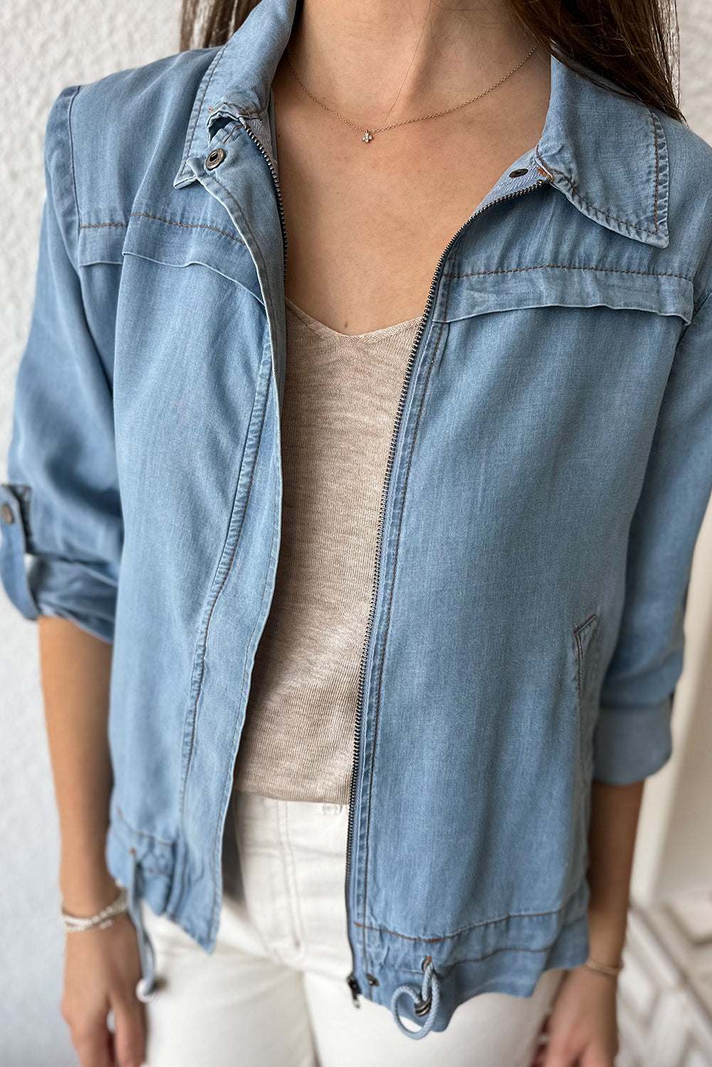 Dusk Blue Full Zipper Collared Drawstring Hem Tab Sleeve Denim Jacket