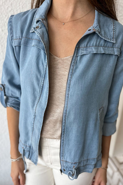 Dusk Blue Full Zipper Collared Drawstring Hem Tab Sleeve Denim Jacket