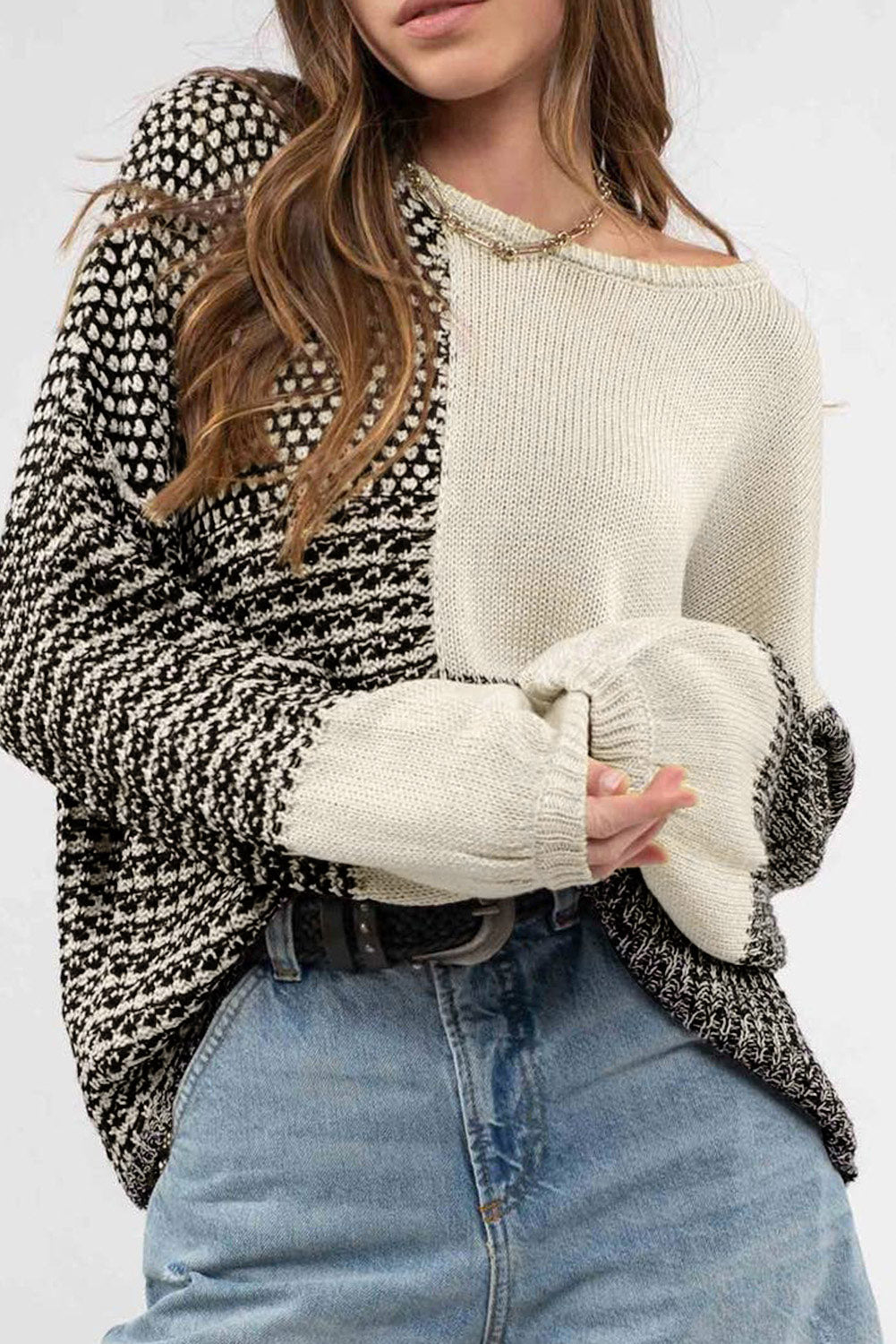 Elegant Black Patchwork Tie-Back Sweater