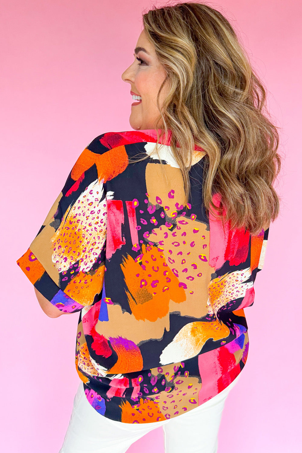 Multicolour Abstract Print V Neck Shift Plus Size Blouse