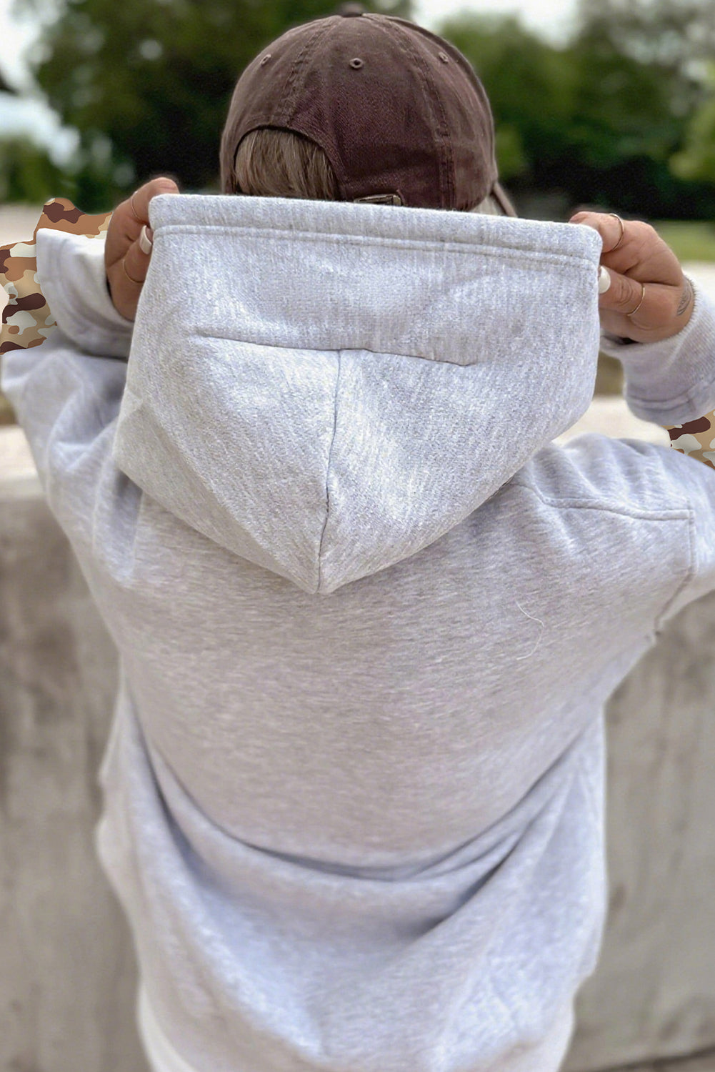 Light Grey Camouflage Patchwork Sleeve Baggy Hoodie