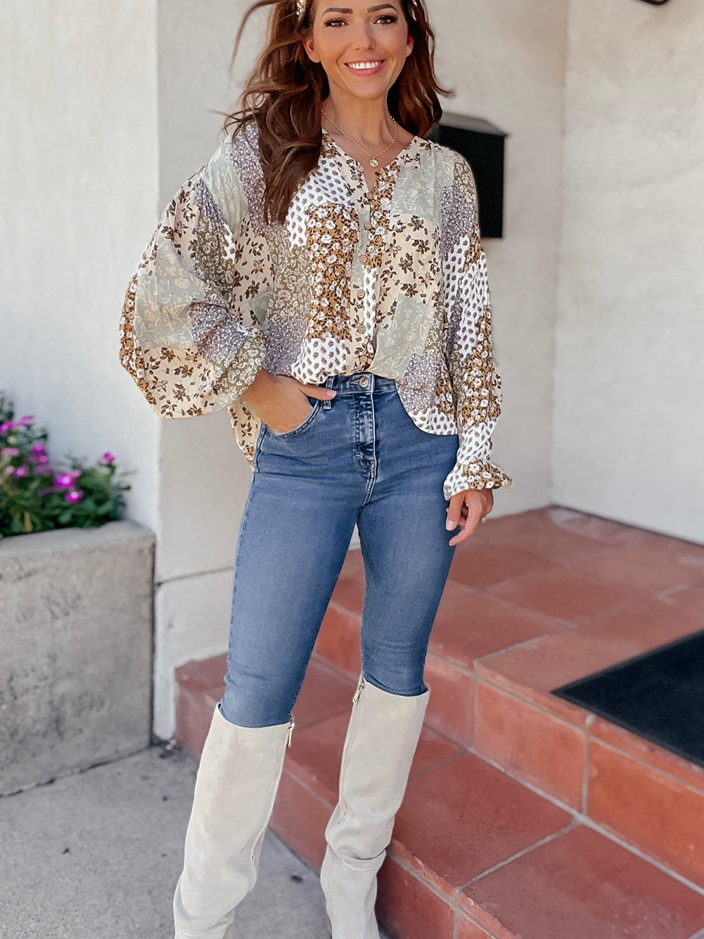 Floral Patchwork Print V-Neck Long Sleeve Blouse