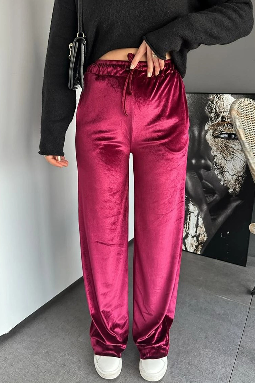 Pitaya Pink Shiny Velvet Drawstring High Waist Straight Leg Casual Pants