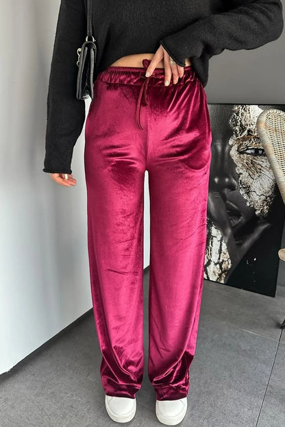 Pitaya Pink Shiny Velvet Drawstring High Waist Straight Leg Casual Pants