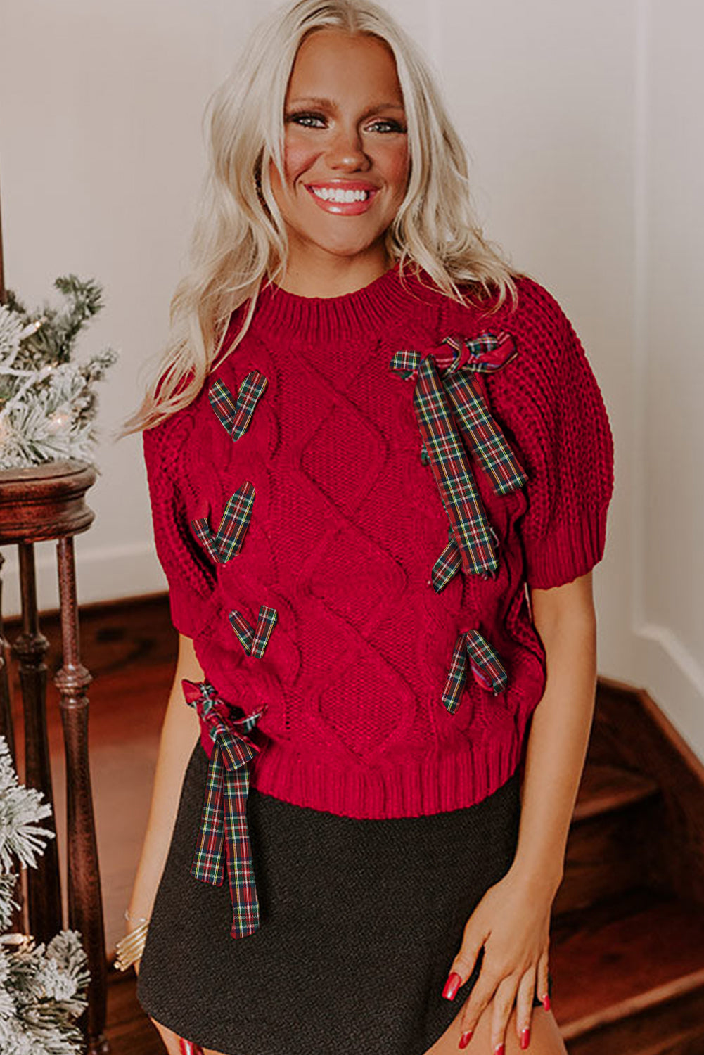 Fiery Red Plaid Lace up Detail Christmas Holiday Puff Short Sleeve Sweater