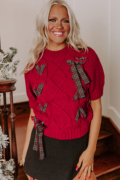 Fiery Red Plaid Lace up Detail Christmas Holiday Puff Short Sleeve Sweater