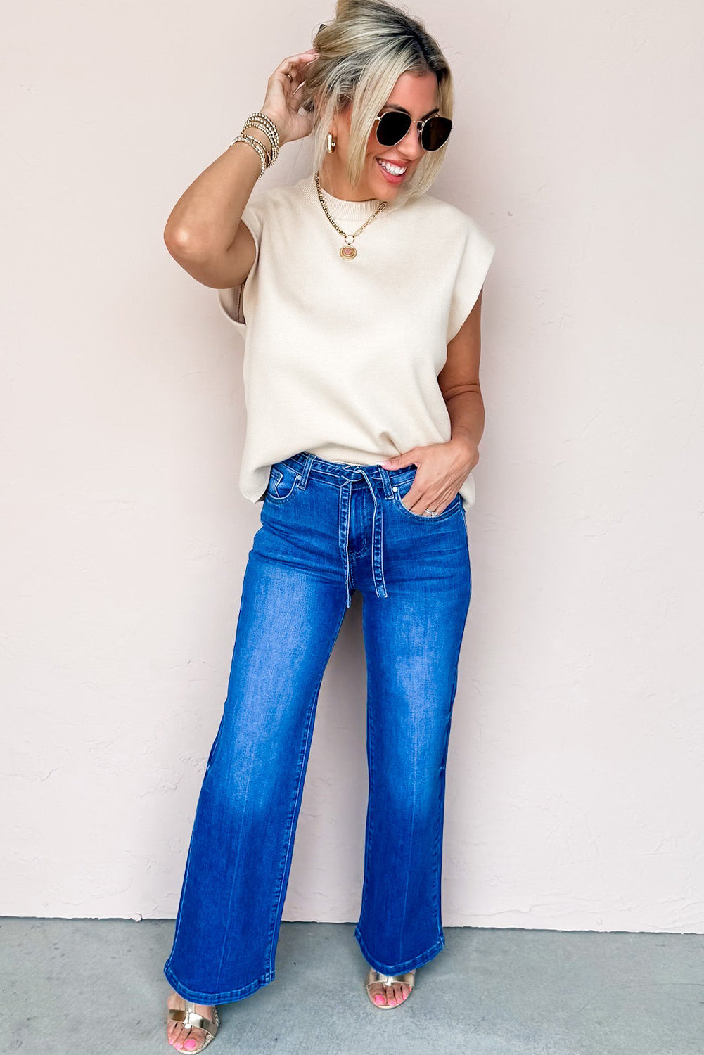 Beige Solid Color Knit Cap Sleeve Sweater