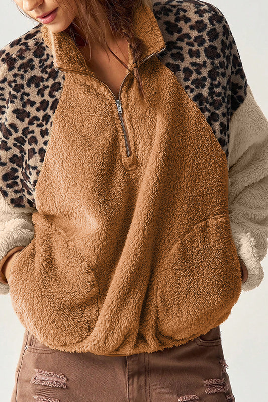 Camel Sherpa Color Block Leopard Patchwork Quarter Zip Plush Pullover Sweatshirt