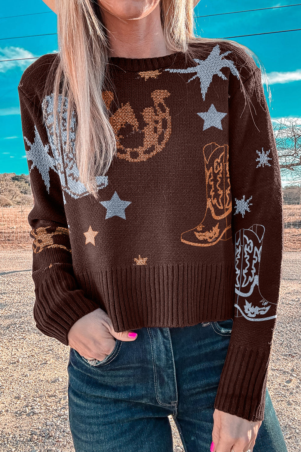 Brown Cowgirl Fashion Print Casual Sweater
