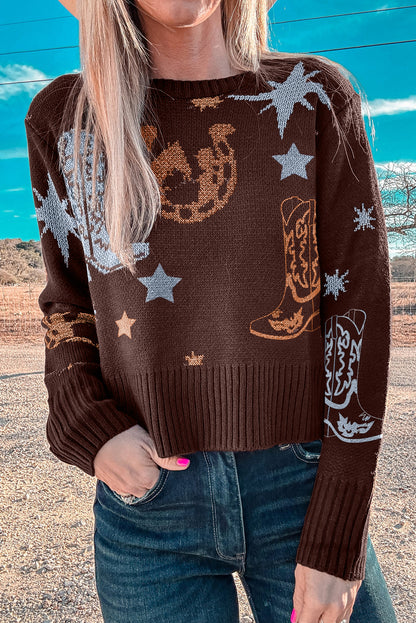 Brown Cowgirl Fashion Print Casual Sweater
