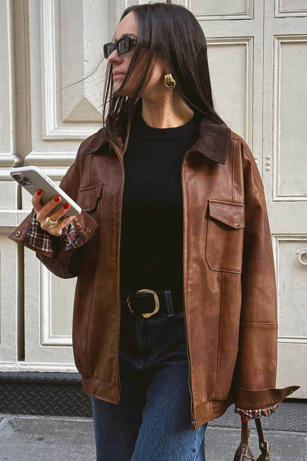 Coffee Retro Faux Leather Contrasted Corduroy Collar Patchwork Jacket