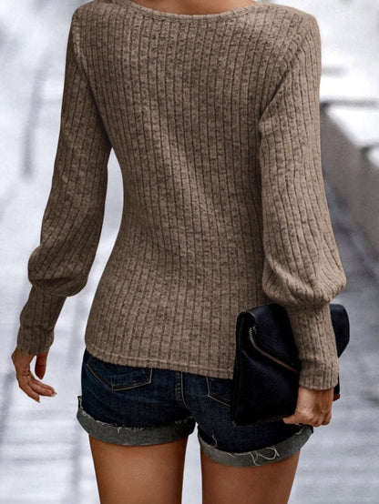 Knit Ribbed Top with Bishop Sleeves and Round Neck