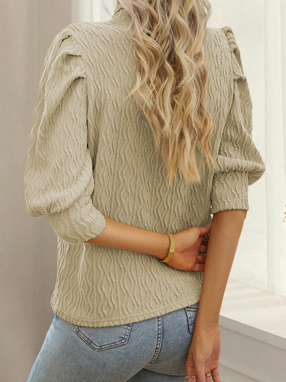 Apricot Textured Vintage Mock Neck Top with Puff Sleeves