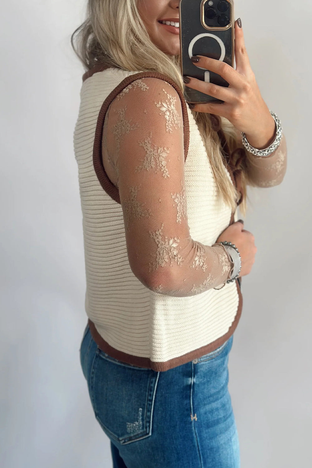 White Horizontal Ribbed Knit Contrast Trim Knot Front Sweater Vest