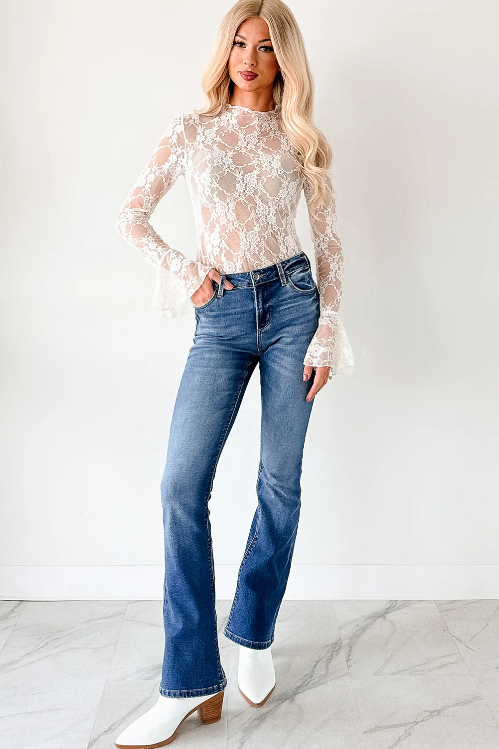 White Sheer Floral Lace Mock Neck Bell Cuff Long Sleeve Top