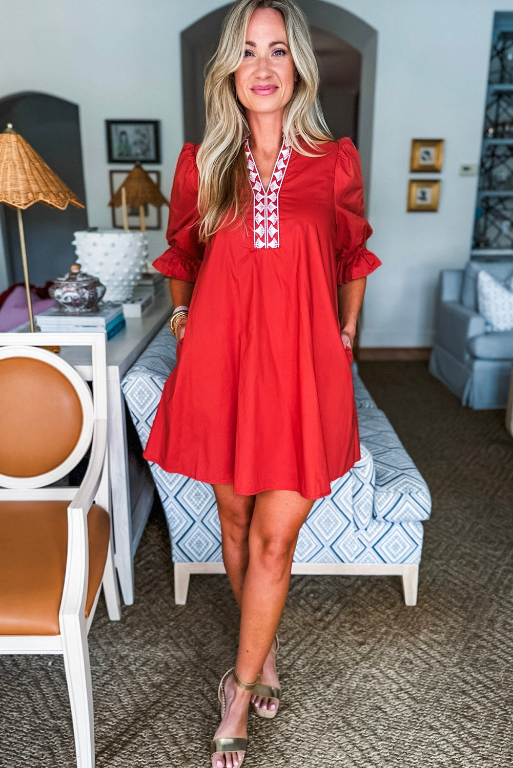 Fiery Red Flounced Half Sleeve Contrast Embroidered Split Neck Shift Mini Dress