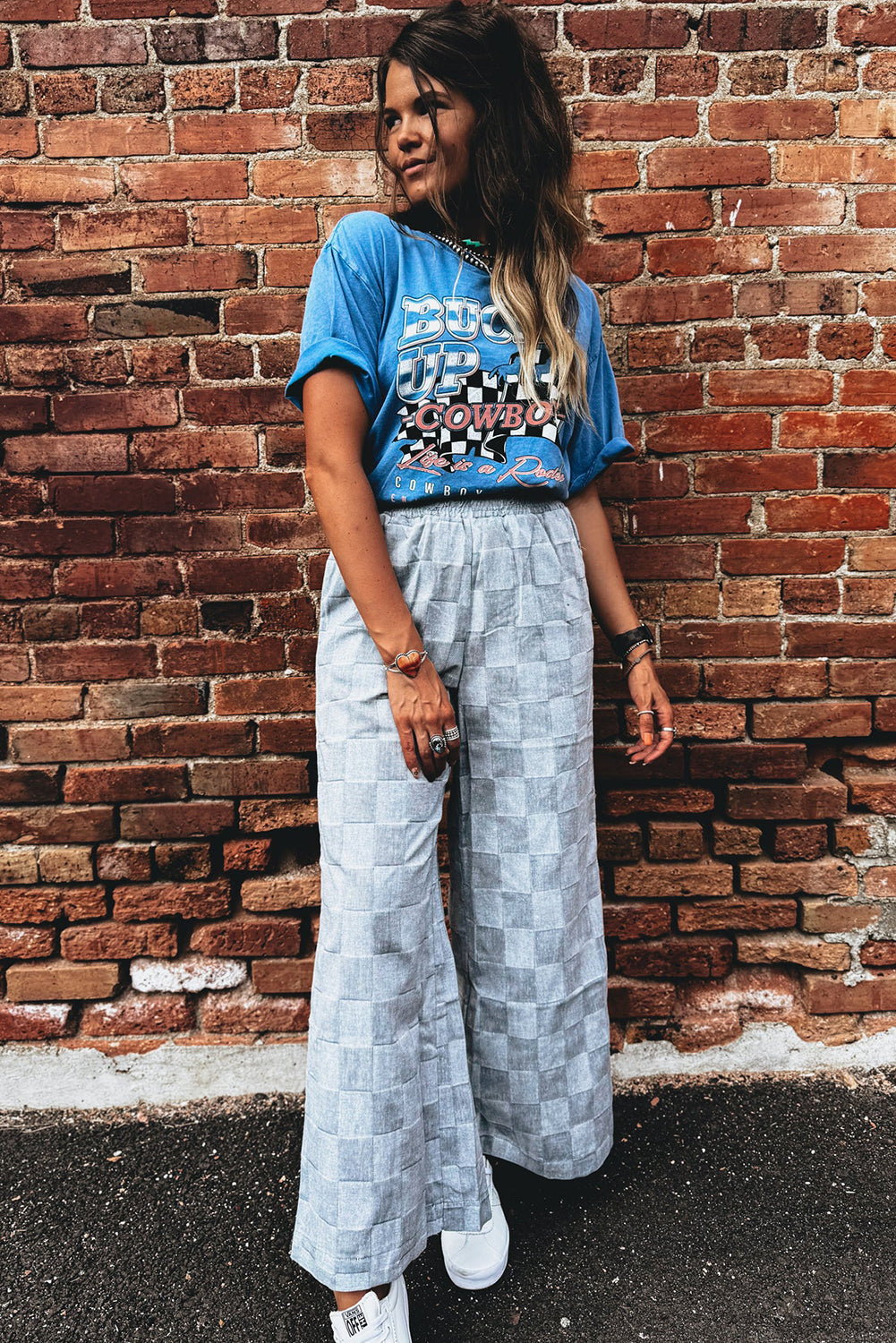 Sky Blue Frilled Elastic Waist Checkered Loose Denim Pants