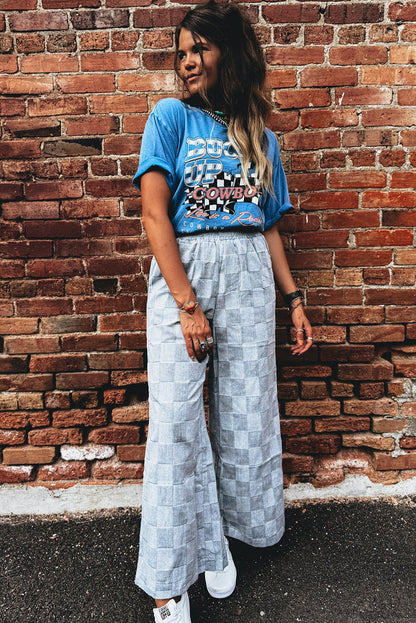 Sky Blue Frilled Elastic Waist Checkered Loose Denim Pants