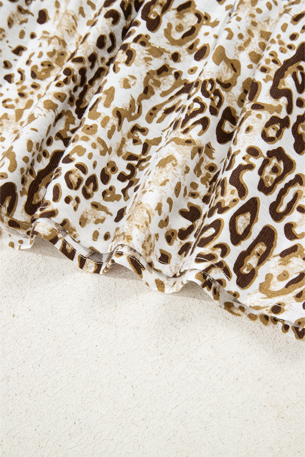 Khaki Leopard Print Long Sleeve Bead Tie V Neck Blouse